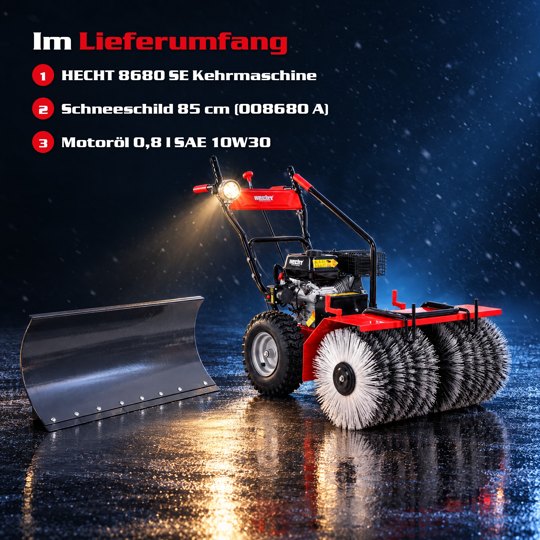 HECHT 8680 SE Set 1 Lieferumfang mit Schneeschild und Motoröl (Dieses Bild wurde mit Hilfe von KI generiert.)