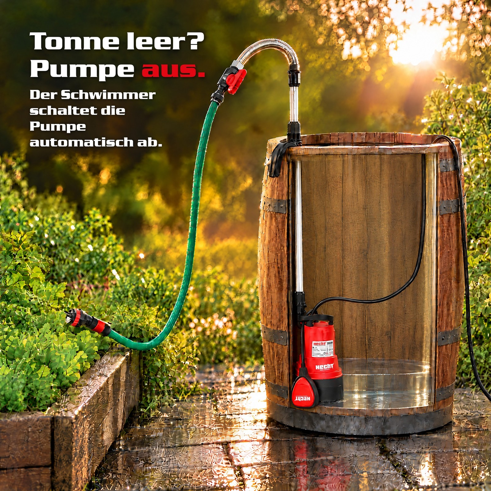 Schwimmerschalter schaltet die Regenfasspumpe bei leerer Tonne ab (Dieses Bild wurde mit Hilfe von KI generiert.)
