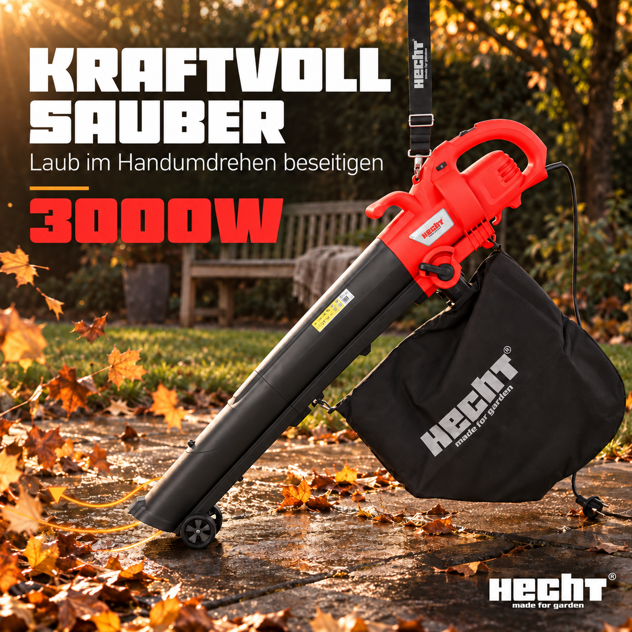 HECHT Elektro-Laubsauger 3000 Watt bläst Laub kraftvoll von der Terrasse (Dieses Bild wurde mit Hilfe von KI generiert.)