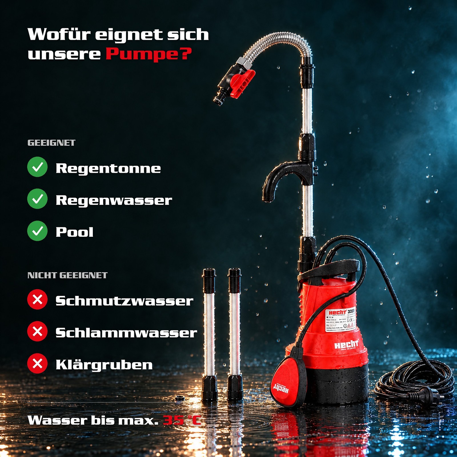 Einsatzbereiche: Regentonne, Regenwasser und Pool, klares Wasser bis 35 °C (Dieses Bild wurde mit Hilfe von KI generiert.)