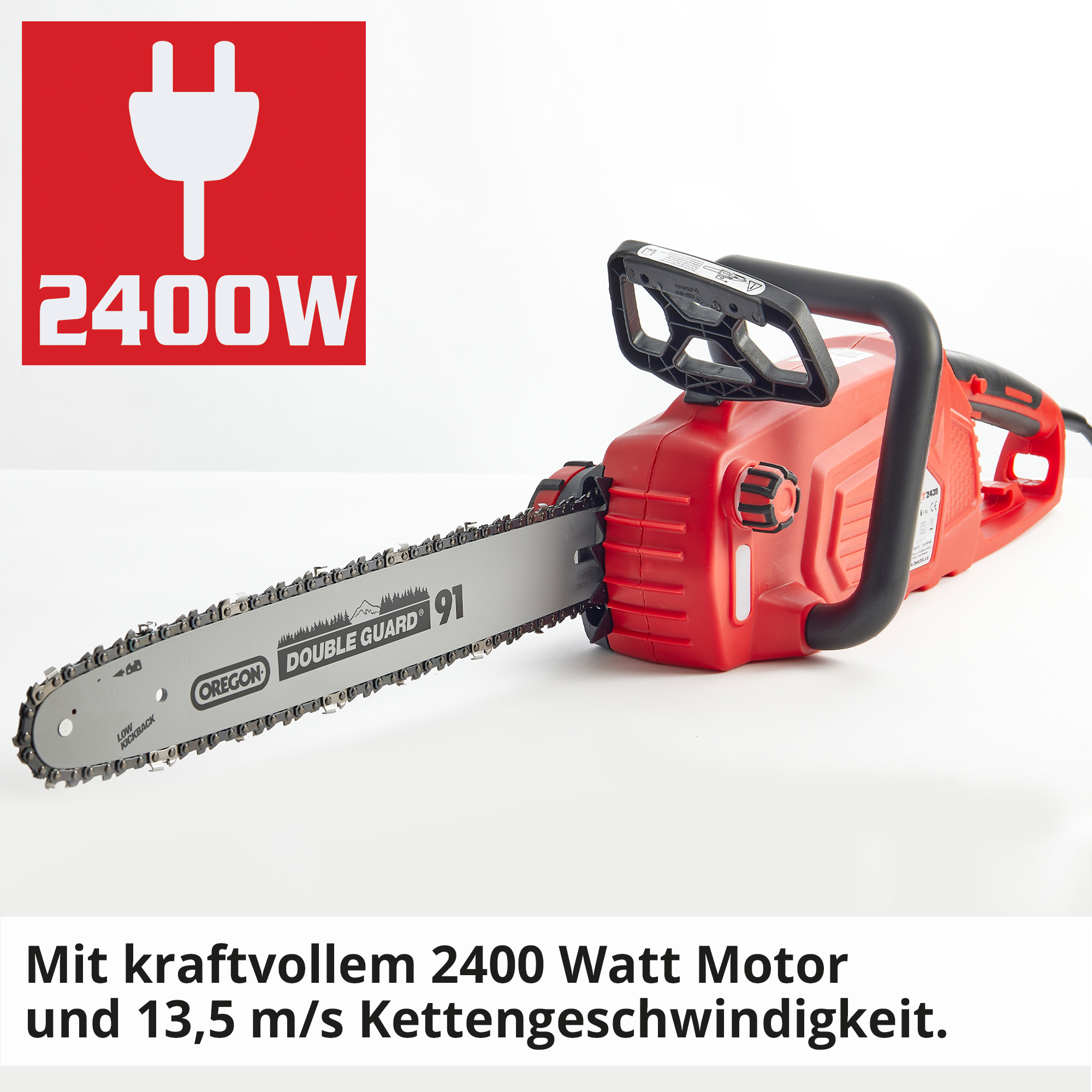Elektro Kettensäge Leistung 2400 Watt Motor 13,5 m/s Kettengeschwindigkeit Ansicht schräg