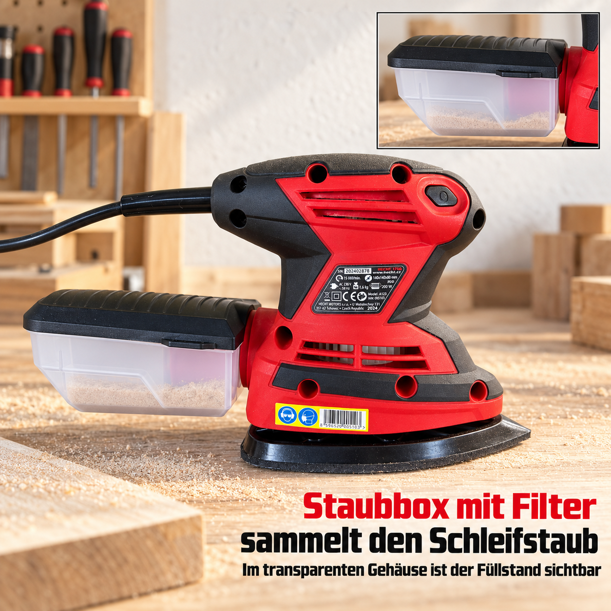 HECHT Schwingschleifer 1766 mit transparenter Staubbox inklusive Filter (Dieses Bild wurde mit Hilfe von KI generiert.)