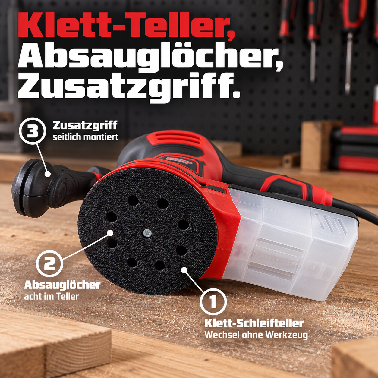 HECHT Exzenterschleifer mit Klett-Teller und 8 Absauglöchern (Dieses Bild wurde mit Hilfe von KI generiert.)