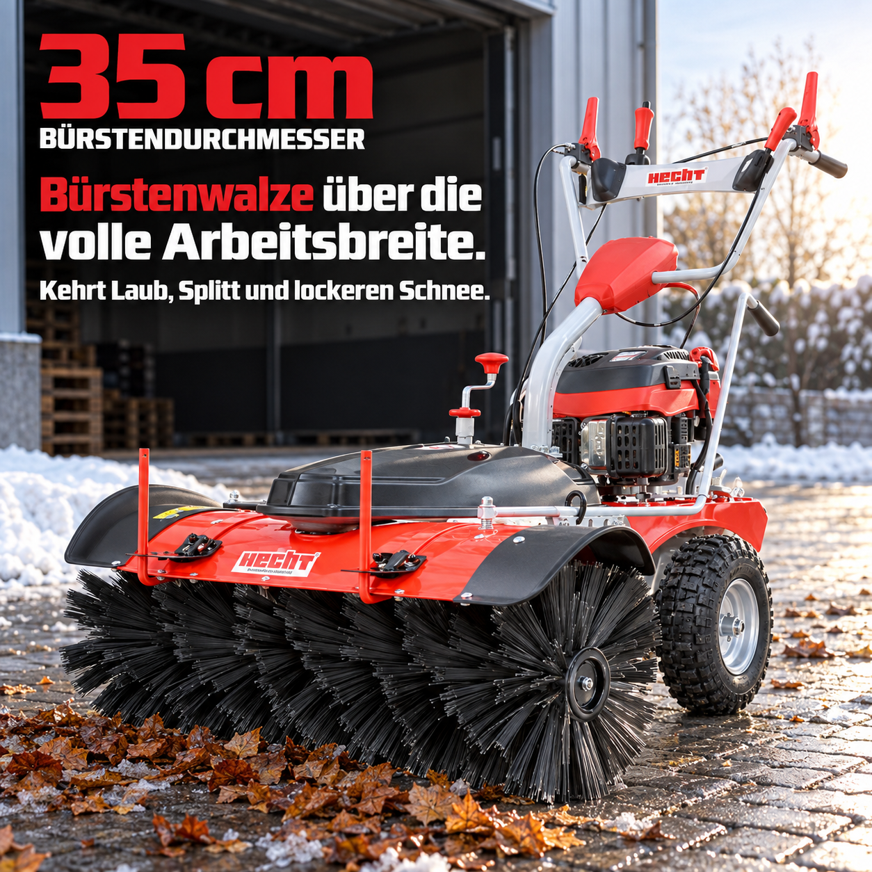 HECHT Kehrmaschine mit 35 cm großen Bürsten für Laub und Schnee (Dieses Bild wurde mit Hilfe von KI generiert.)