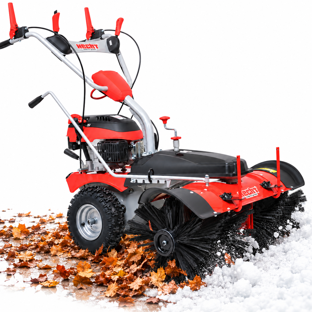 HECHT Benzin-Kehrmaschine 8101 S in Aktion bei Laub und Schnee (Dieses Bild wurde mit Hilfe von KI generiert.)
