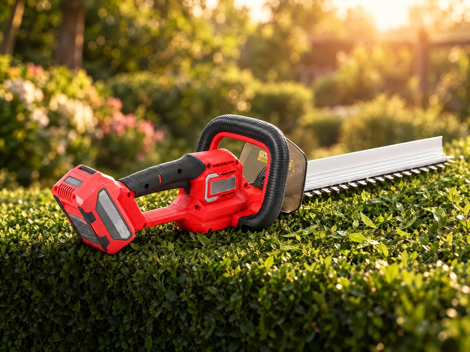 HECHT Akku-Heckenschere auf einer geschnittenen Hecke