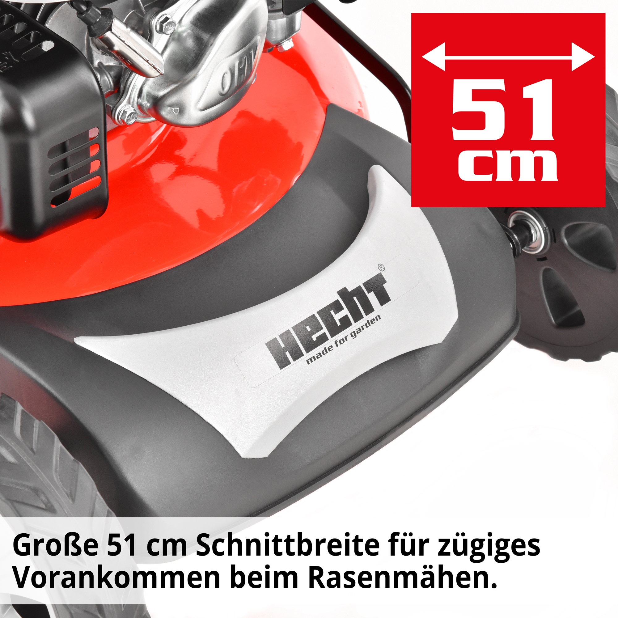 Rasenmäher Benzin Schnittbreite 51 cm großes Mähdeck Stahlgehäuse Frontansicht