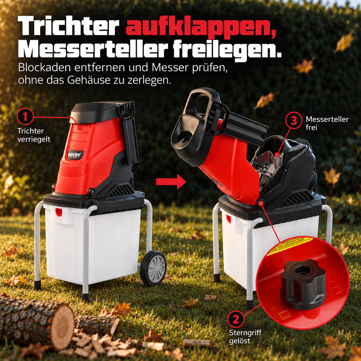 HECHT Gartenhäcksler: Trichter aufklappbar für schnelle Reinigung (Dieses Bild wurde mit Hilfe von KI generiert.)