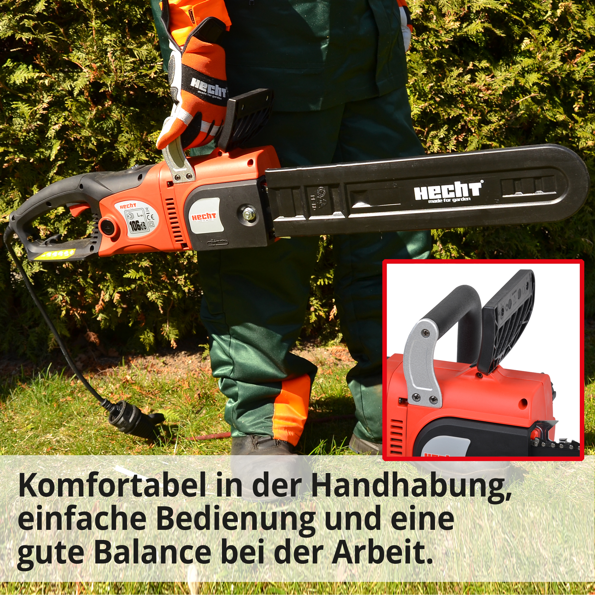 Elektro Kettensäge Handhabung ergonomisch Balance gute Führung Mann Garten