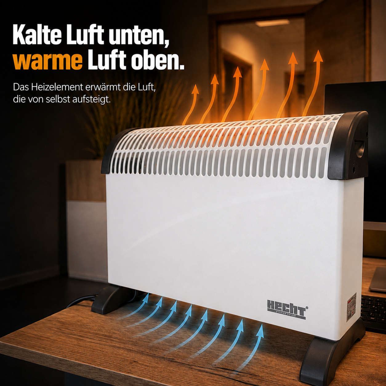 Wärmezirkulation im weißen HECHT Konvektor: Kaltluft rein, warme raus (Dieses Bild wurde mit Hilfe von KI generiert.)