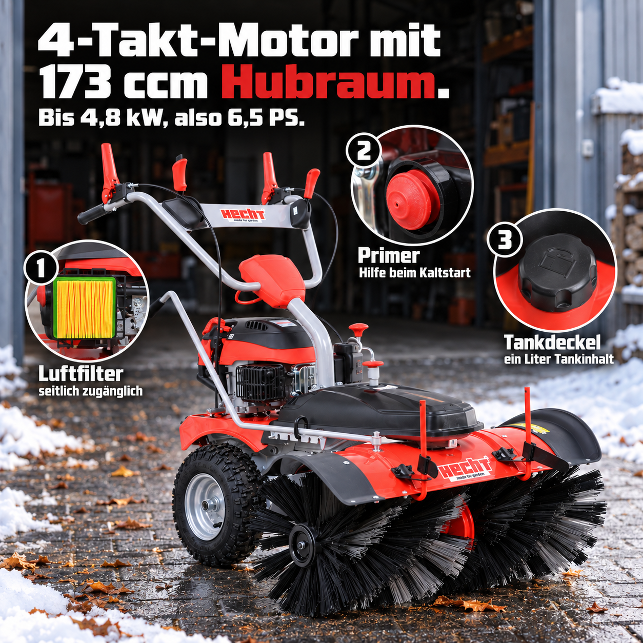 Starke HECHT Benzin-Kehrmaschine mit 6,5 PS starkem 4-Takt-Motor (Dieses Bild wurde mit Hilfe von KI generiert.)