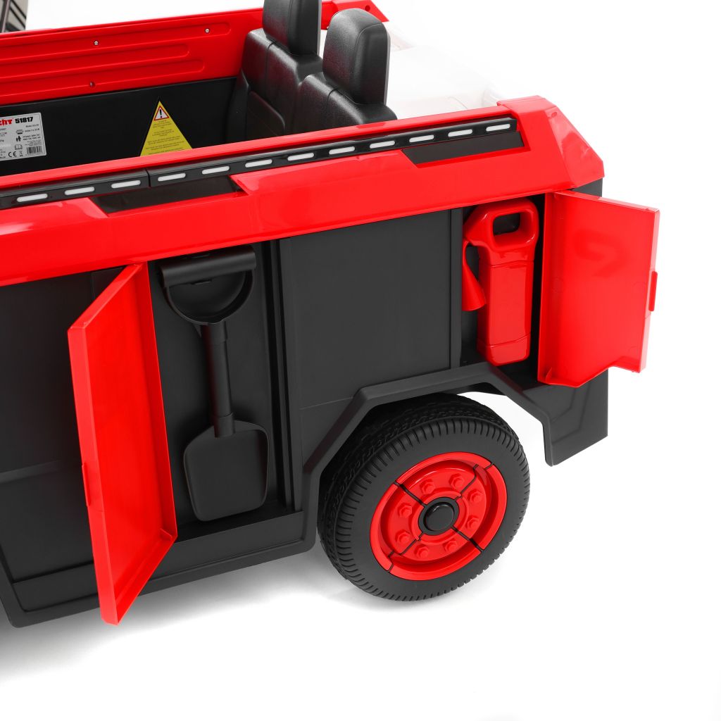 Elektro-Kinderauto mit Seitenfächern und Feuerwehr-Zubehör (Dieses Bild wurde mit Hilfe von KI generiert.)