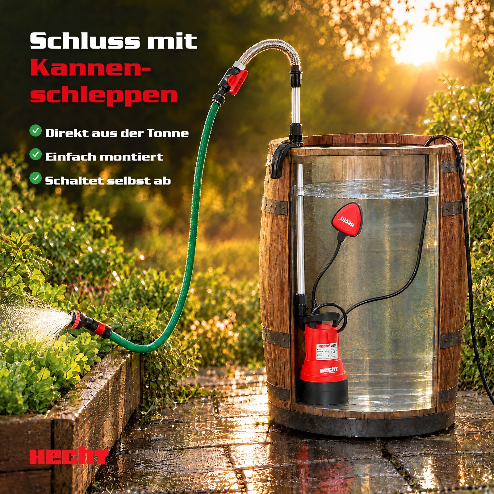 Regenfasspumpe 3350 in der Regentonne – Regenwasser direkt zum Beet (Dieses Bild wurde mit Hilfe von KI generiert.)