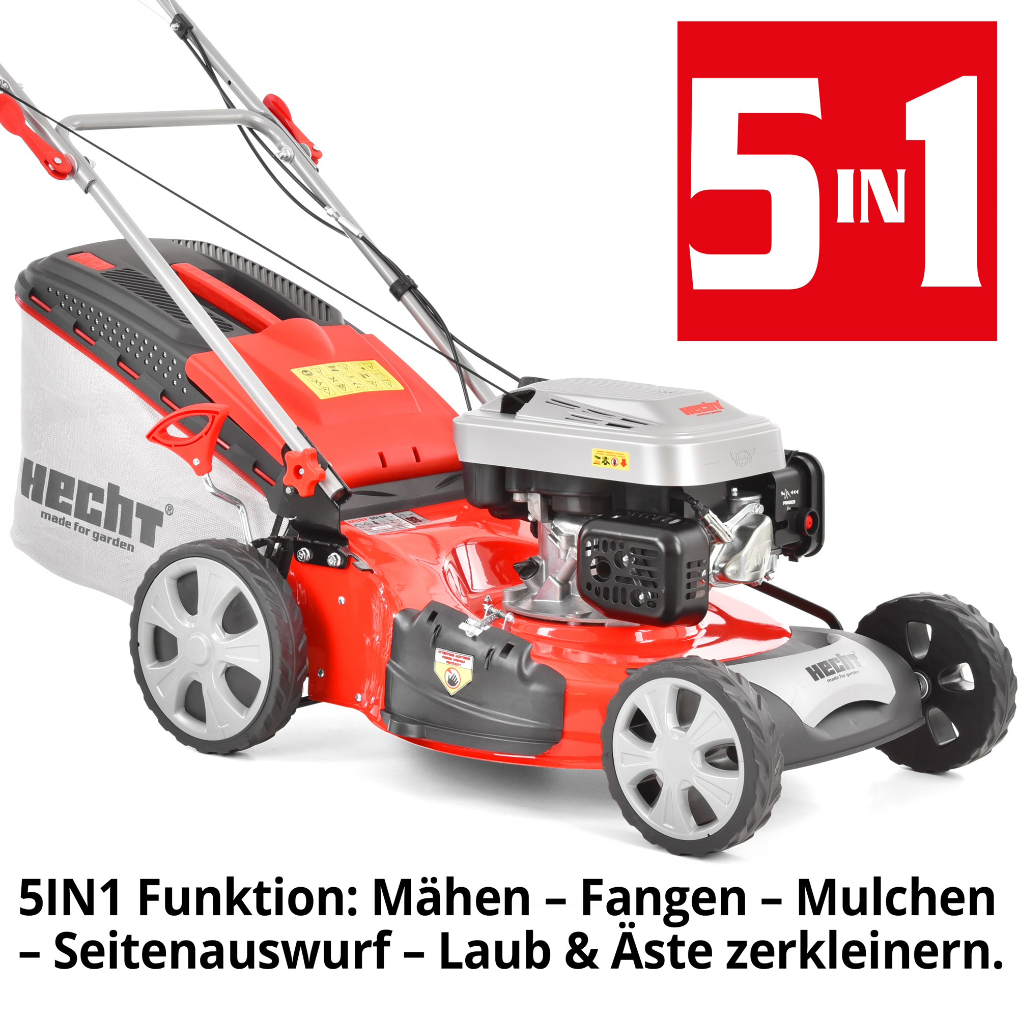 Rasenmäher Benzin 5-in-1 Funktion Mähen Fangen Mulchen Seitenauswurf Laub zerkleinern
