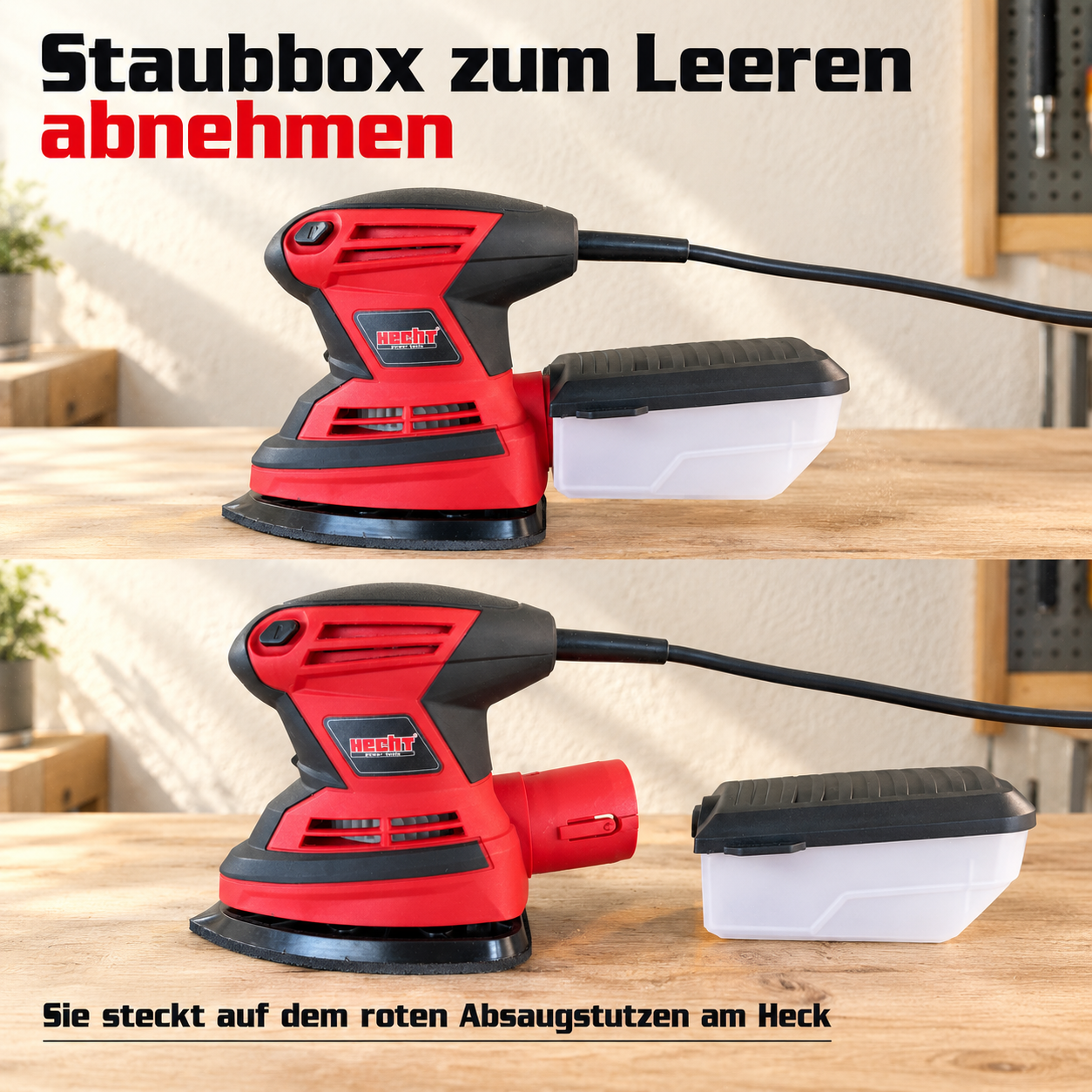 HECHT Schwingschleifer 1766: Abnehmbare Staubbox am roten Absaugstutzen (Dieses Bild wurde mit Hilfe von KI generiert.)