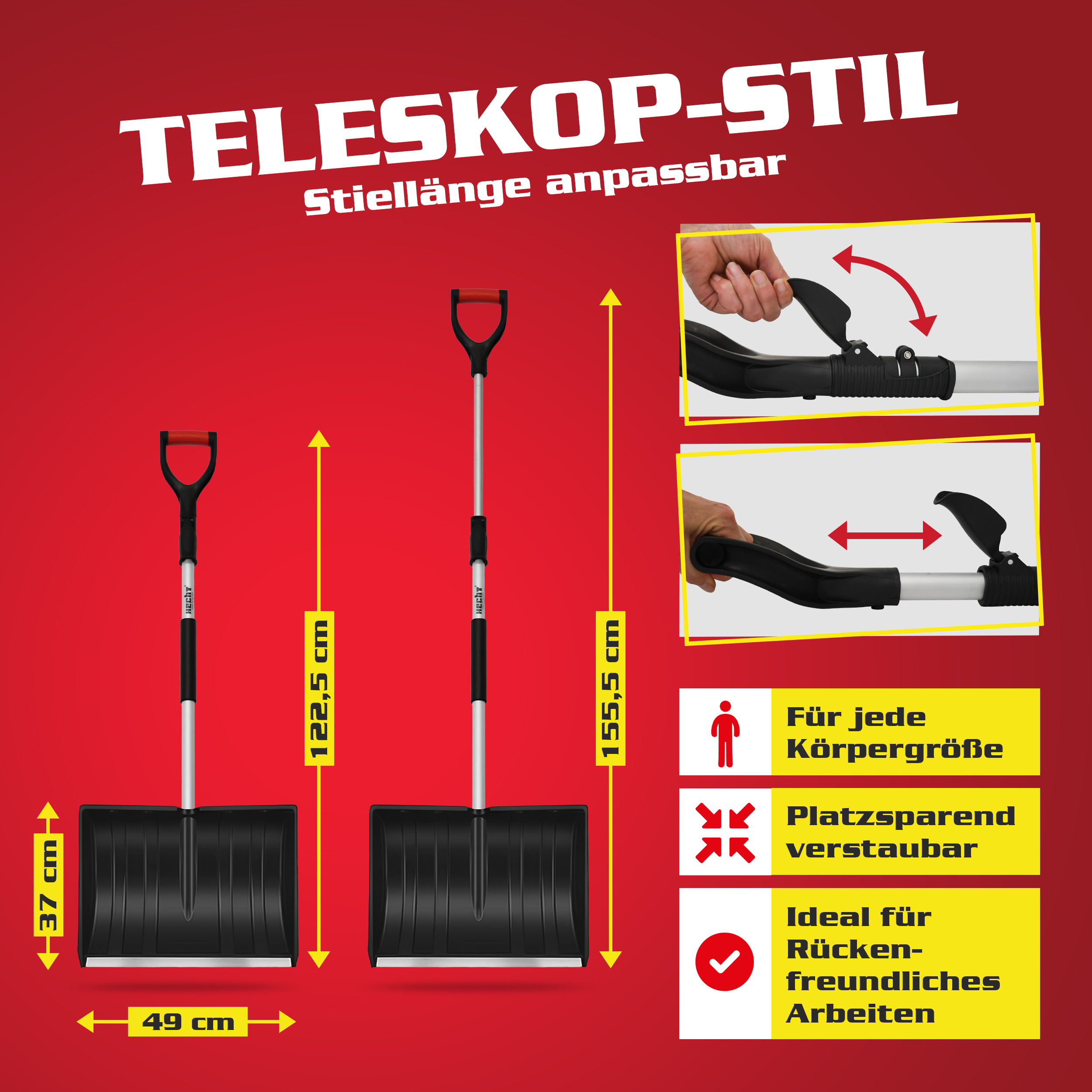 HECHT Schneeschaufel mit anpassbarem Teleskopstiel von 122,5 bis 155,5 cm (Dieses Bild wurde mit Hilfe von KI generiert.)