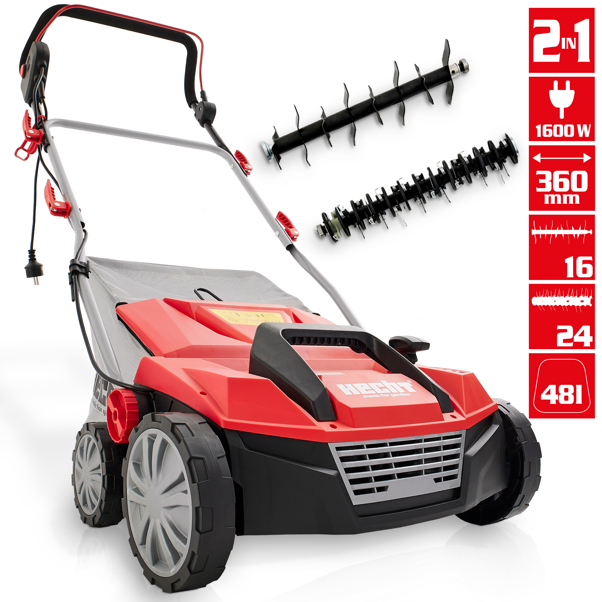 HECHT 1683 Datenblatt 1600W 36cm Arbeitsbreite 2in1 Funktion Übersicht Vertikutierer
