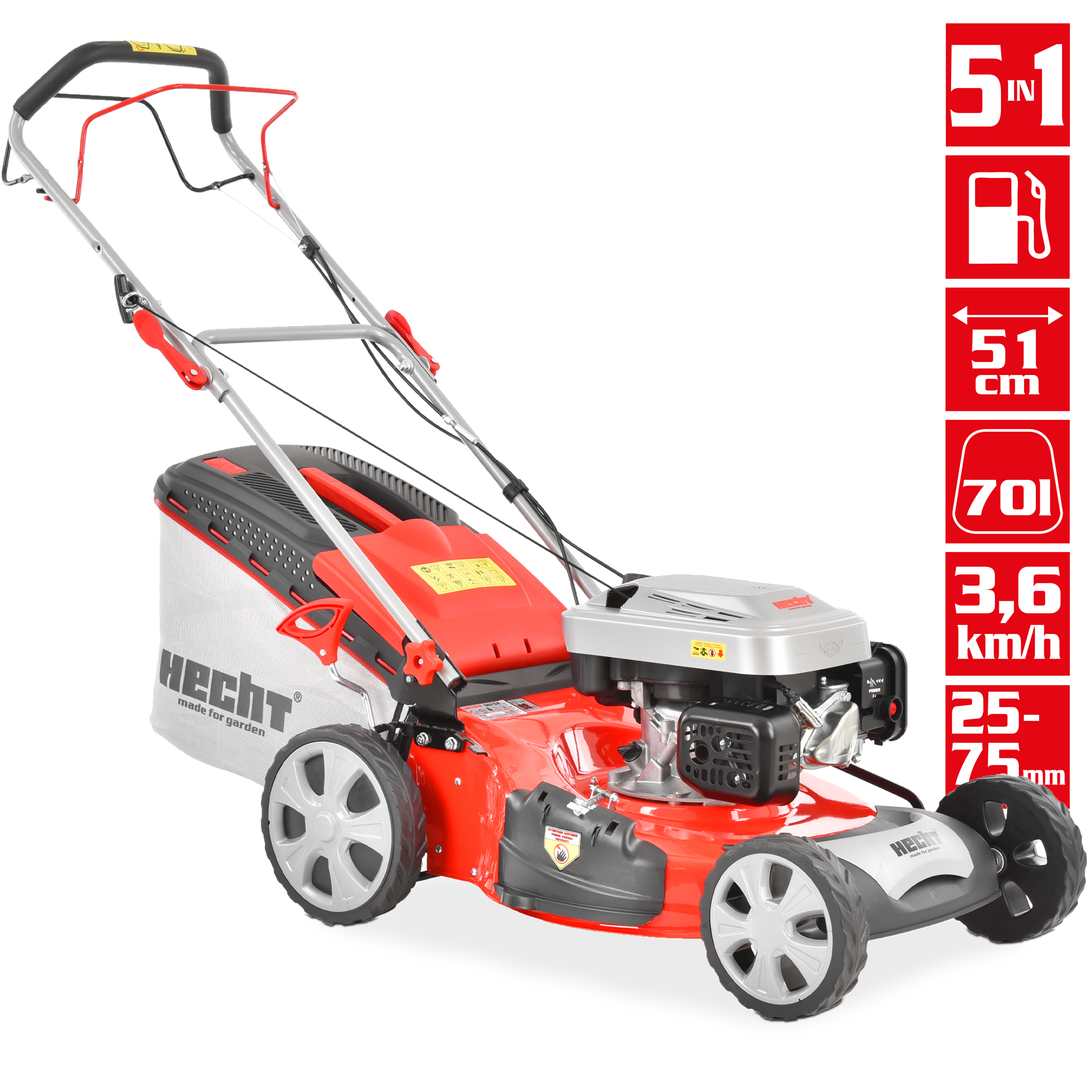 Rasenmäher Benzin Datenblatt Übersicht Icons 5-in-1 51cm 70L 3,6km/h