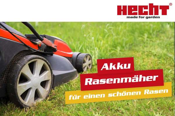 Hecht Akku Rasenmäher auf einer Wiese. (Dieses Bild wurde mit Hilfe von KI generiert.)