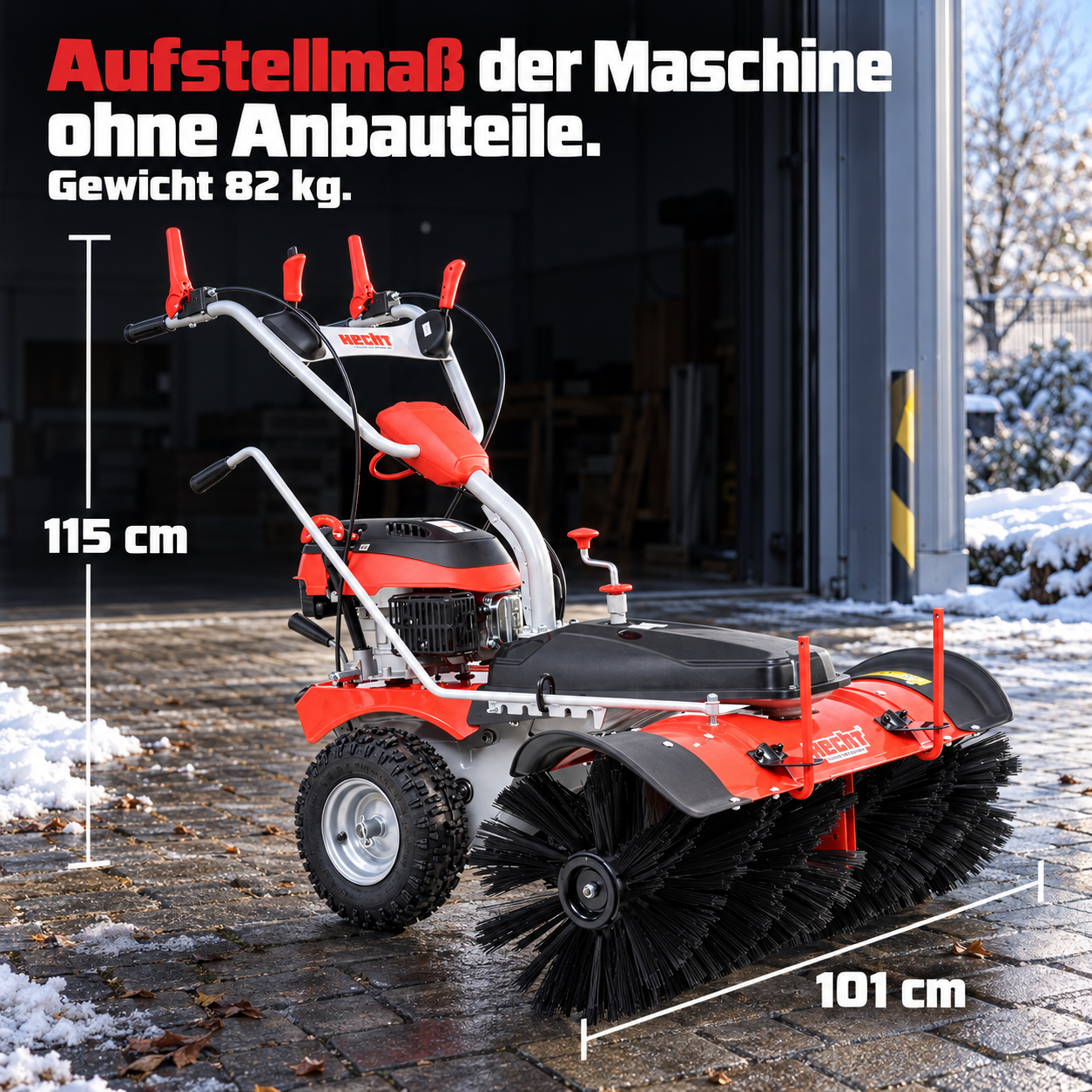 HECHT Kehrmaschine: 101x115 cm Aufstellmaß ohne Anbauteile bei 82 kg (Dieses Bild wurde mit Hilfe von KI generiert.)