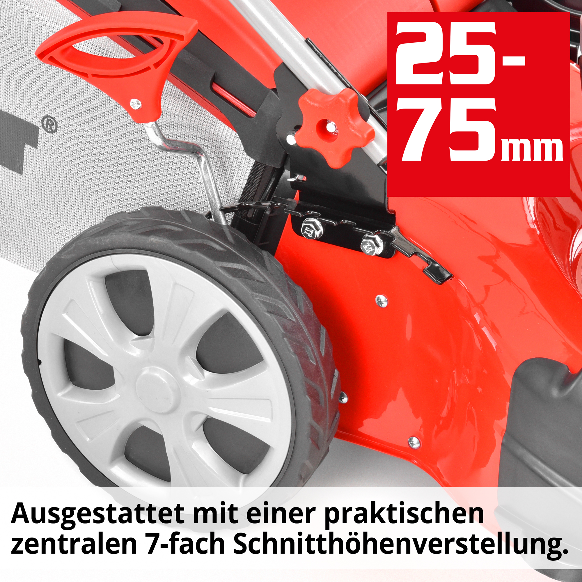 Rasenmäher Benzin Schnitthöhenverstellung zentral 7-fach 25-75 mm Hebel Hinterrad