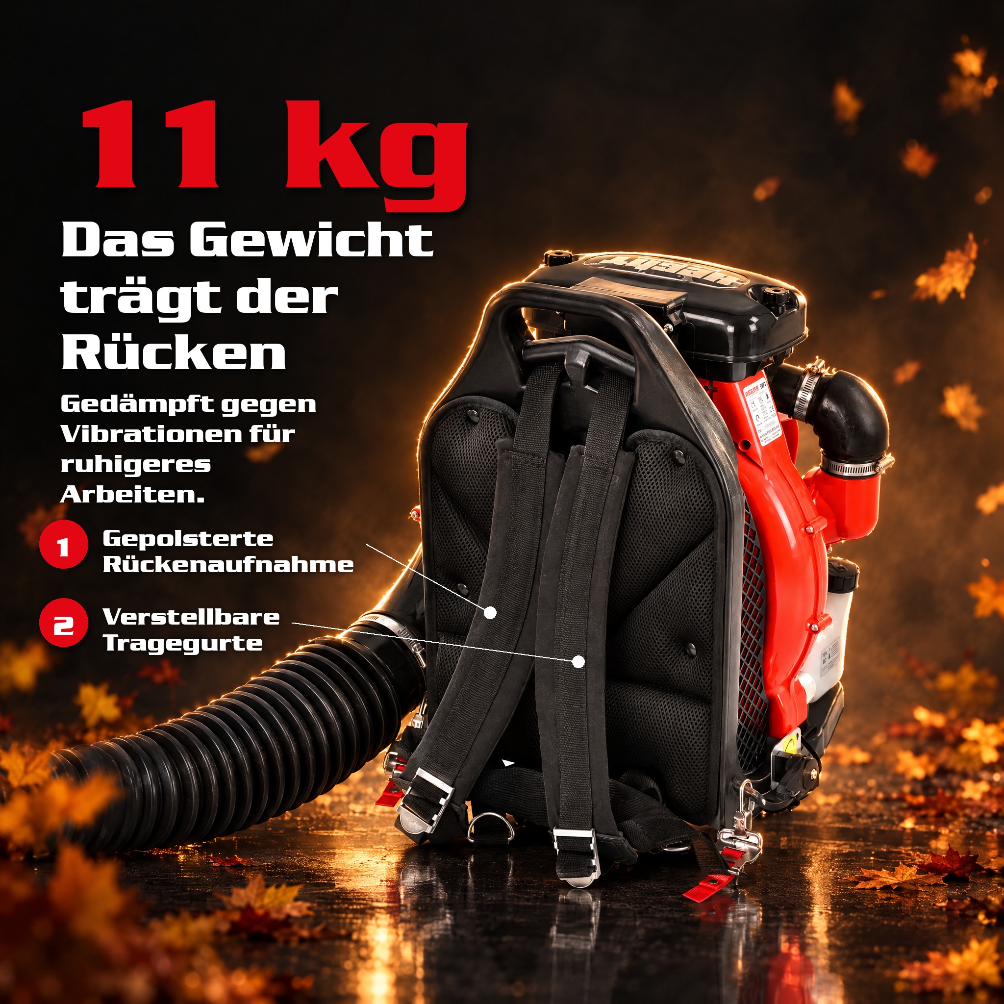 Ergonomischer Rucksackbläser: Gepolsterte Aufnahme gegen Vibrationen (Dieses Bild wurde mit Hilfe von KI generiert.)