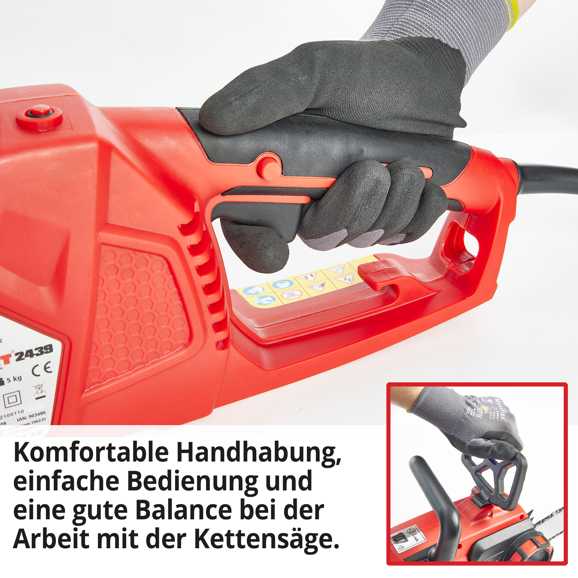 Elektro Kettensäge Handgriff ergonomisch Balance Handhabung Schalter Bedienung