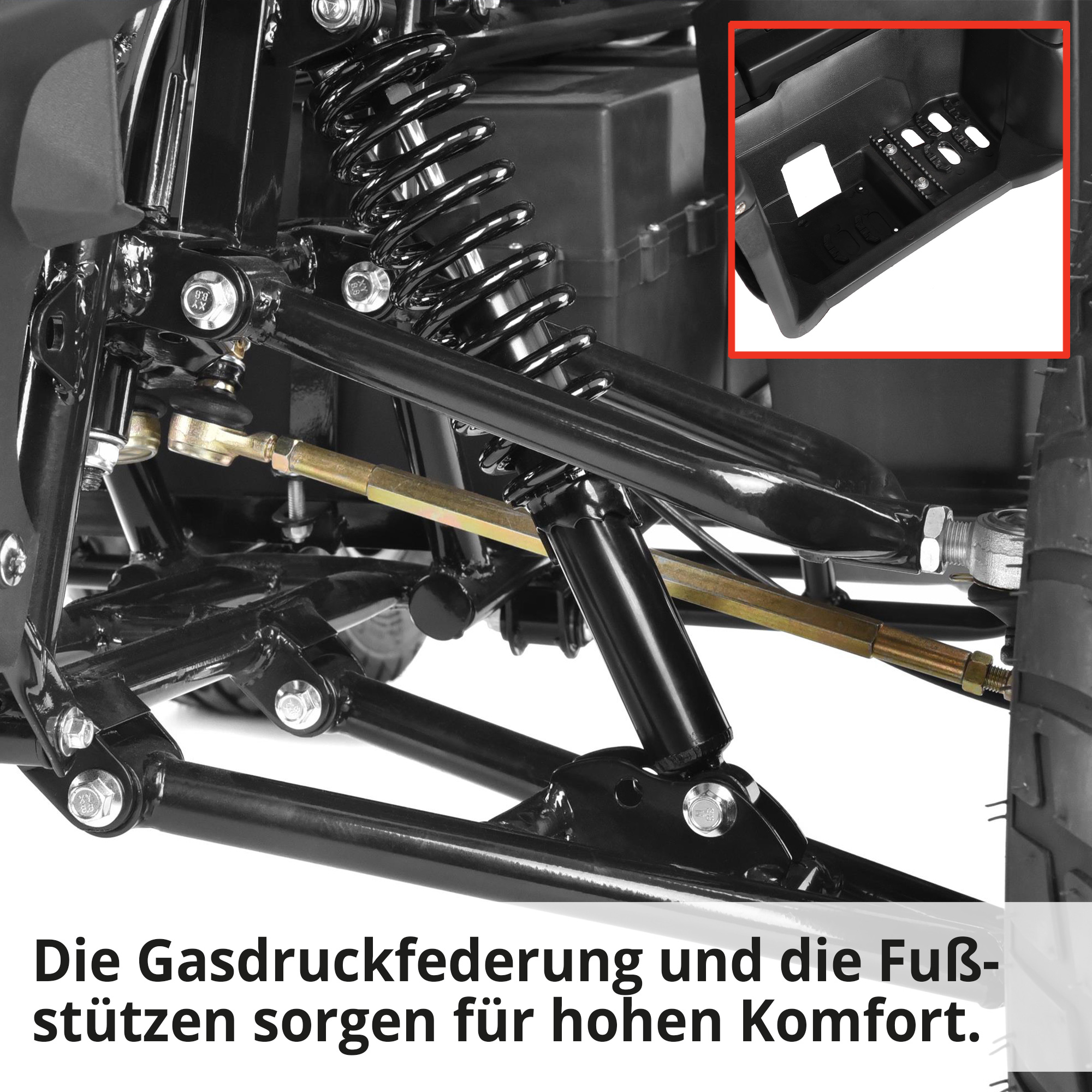 Quad mit Straßenzulassung; Gasdruckfederung und Fußstützen für hohen Komfort