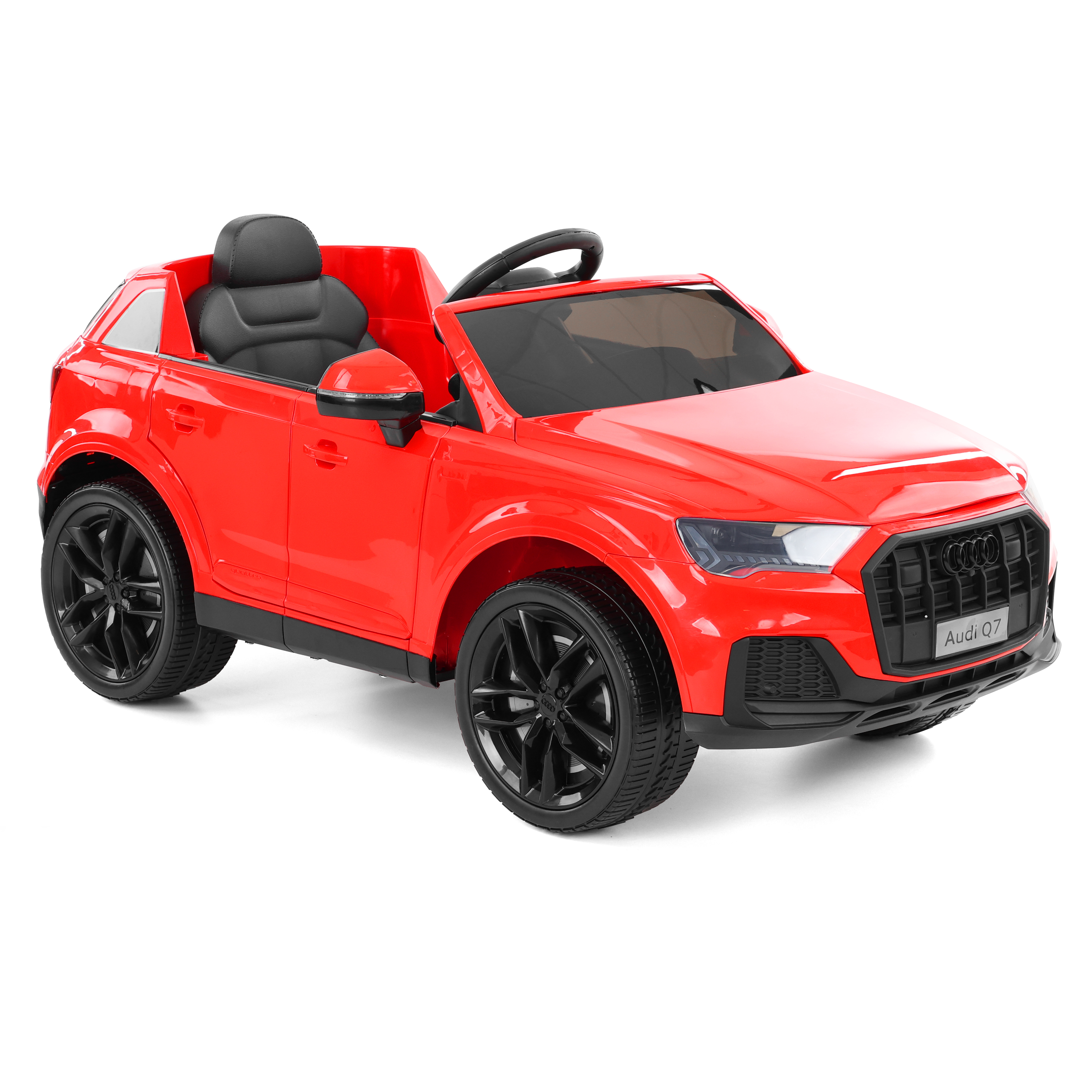 Kinder-Elektroauto Audi Q7 in Rot: Sportlicher SUV freigestellt (Dieses Bild wurde mit Hilfe von KI generiert.)